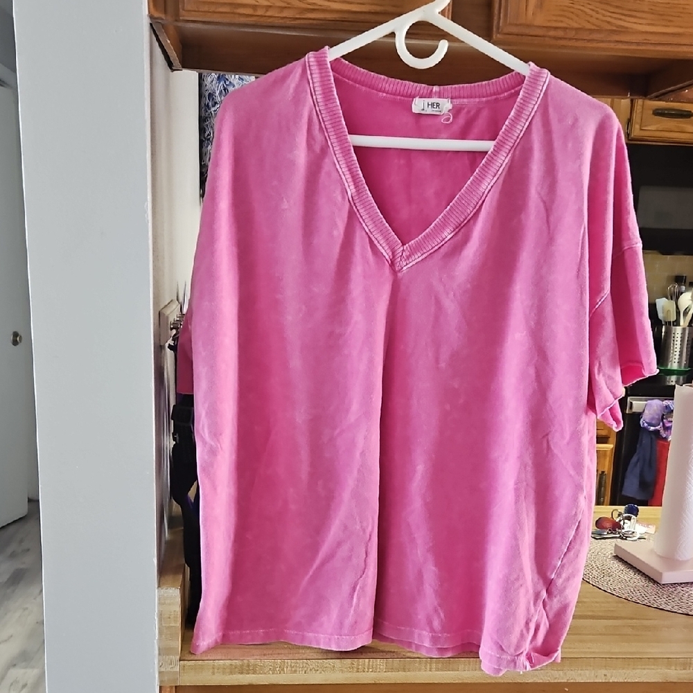 Casual Pink V-Neck Short Sleeve Top
